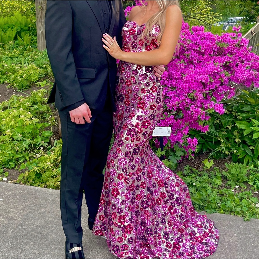 Kotsovos mermaid floral prom dress and matching bow tie
